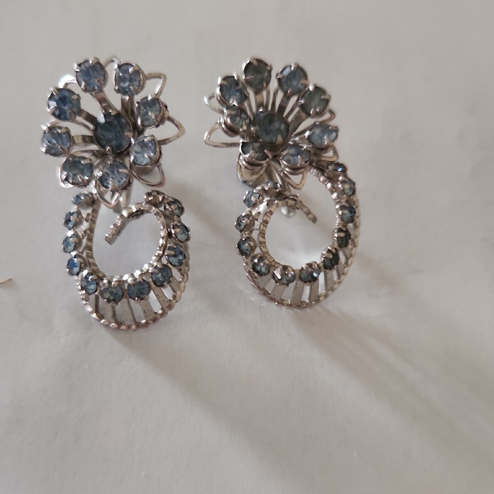 Vintage Elegant Silver and Blue Floral Screwback Earrings